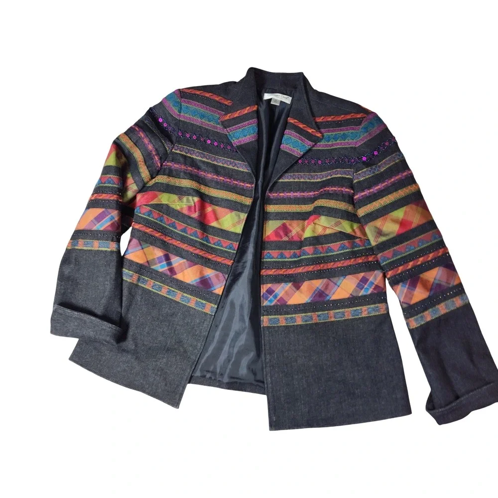 Coldwater Creek Women 10 Denim Patchwork Blazer Beaded Sequin Embroidered Jacket